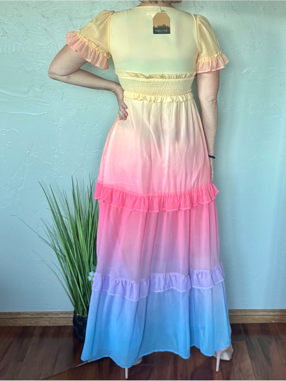Main Strip Pastel Rainbow Ombre Ruffle Short Sleeve Maxi Dress - Picture 4 of 7